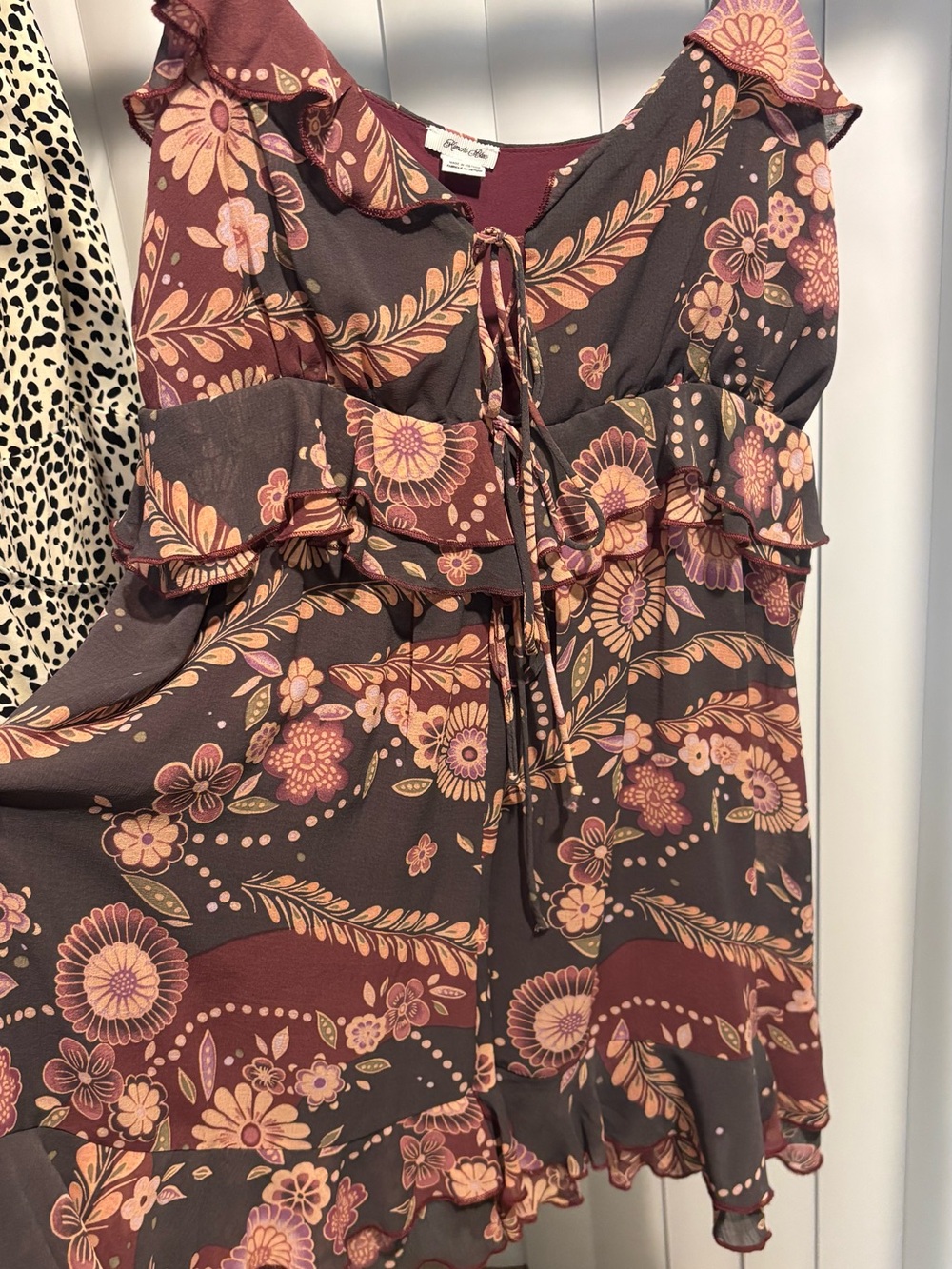 Kimchi Blue Brown Floral Ruffle Mini Dress with Pink Accents - Picture 2 of 8